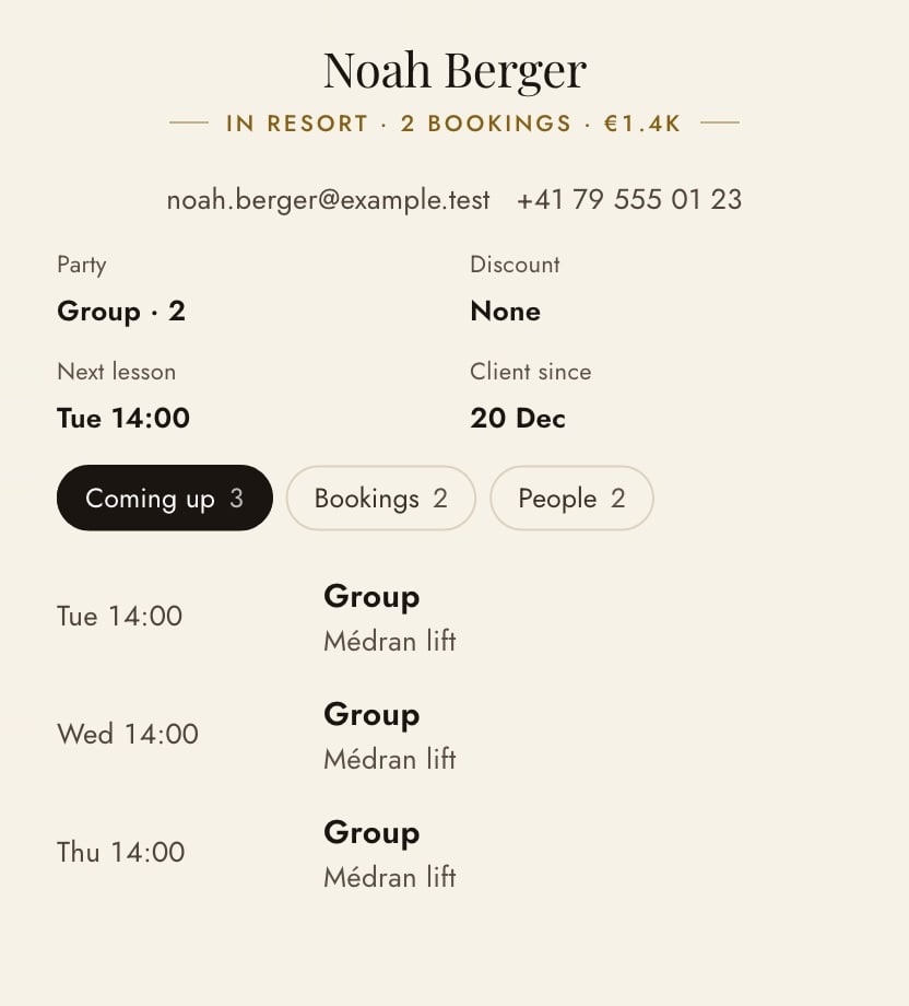 A client’s card: Noah Berger, a party of two, spend and next lesson