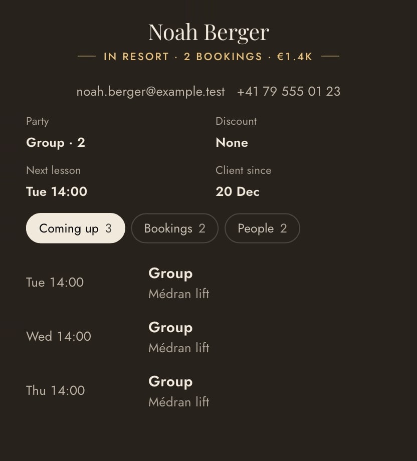 A client’s card: Noah Berger, a party of two, spend and next lesson