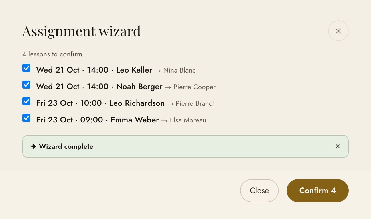 Assignment review: open lessons, each matched to a free instructor