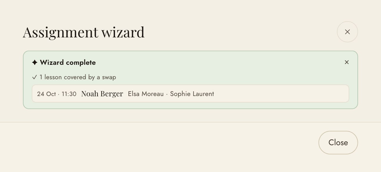 Assignment wizard: Noah Berger’s 11:30 lesson covered by a swap, with Elsa Moreau and Sophie Laurent