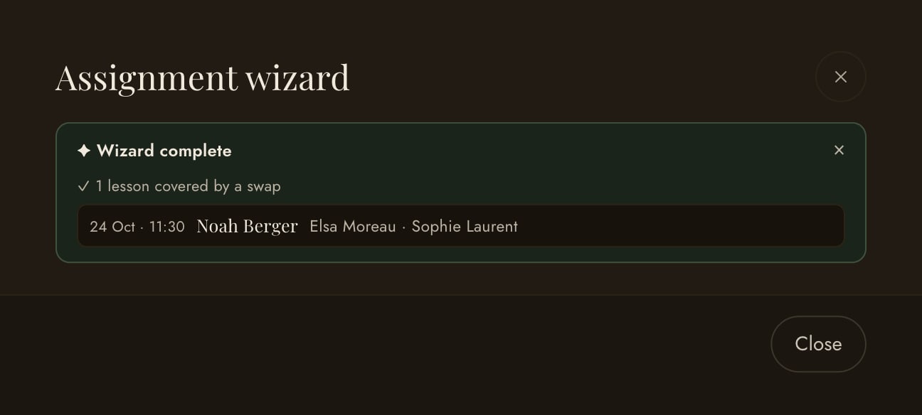 Assignment wizard: Noah Berger’s 11:30 lesson covered by a swap, with Elsa Moreau and Sophie Laurent